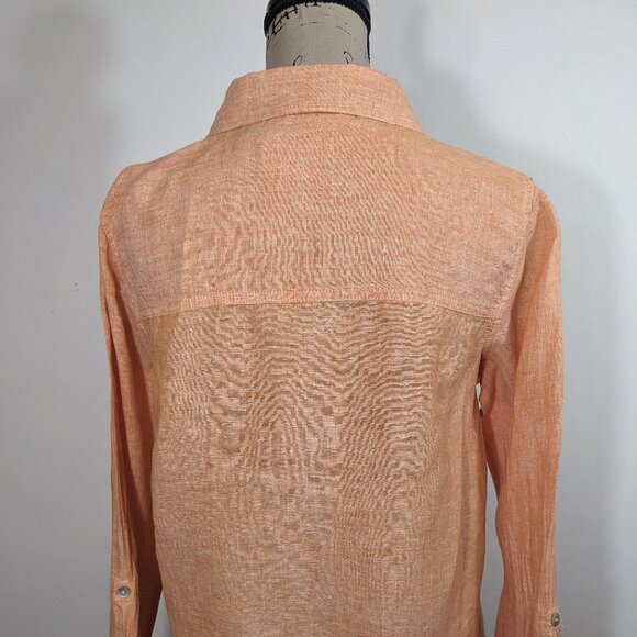 Sigrid Olsen Top M Orange Linen Roll Tab Tunic Beach Coastal Grandmother Shirt - Picture 6 of 9